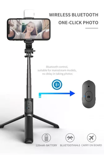 All in One Selfi bot, 104 cm, derítőfény, bluetooth távirányító, tripod funkció, iOS és Android kompatibilis, FEKETE