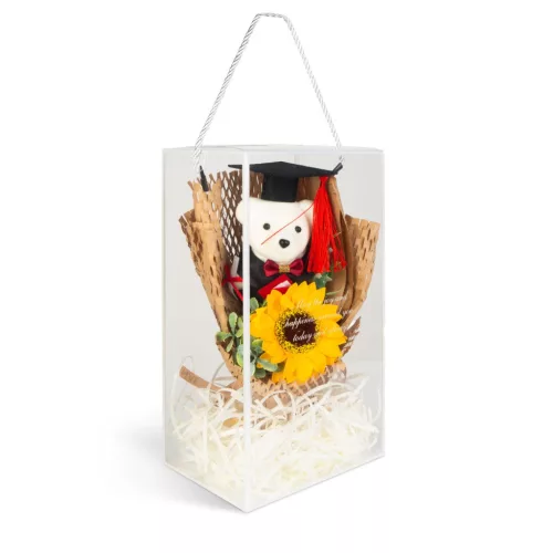 Műnövény dekoráció - napraforgó, macival - 26 x 10,5 x 14 cm