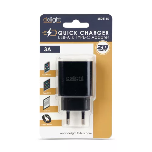 Hálózati Adapter USB + Type-C PD20W gyorstöltéssel - fekete