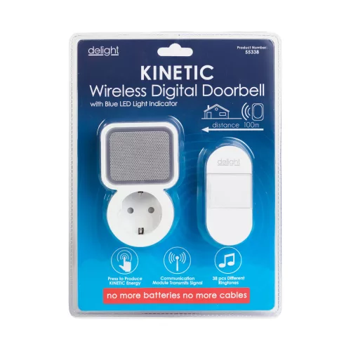 Digitális elem- és vezeték nélküli csengő - Kinetic - 220-240V AC aljzat - fehér - kék LED