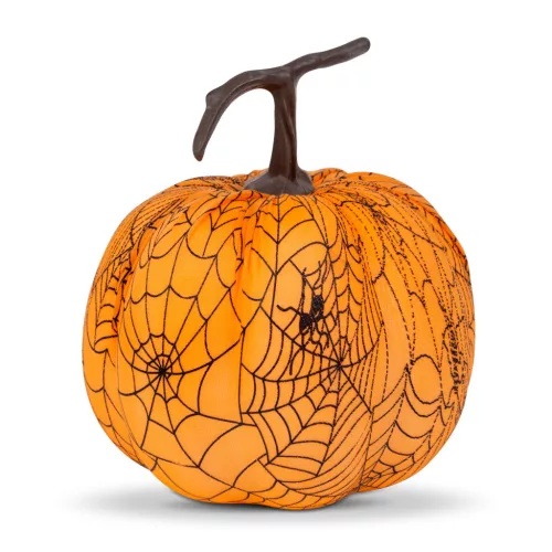 Halloween-i tök dekoráció - 16,5 cm - narancs, pókhálós - habszivacs