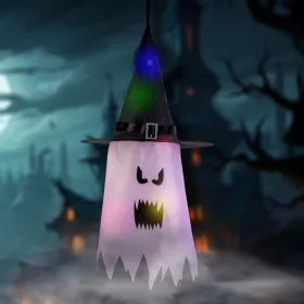   Halloween-i LED dekor - szellem - rózsaszín - 10 színes LED - akasztható - 2 x 2032 - 75 x 35 cm