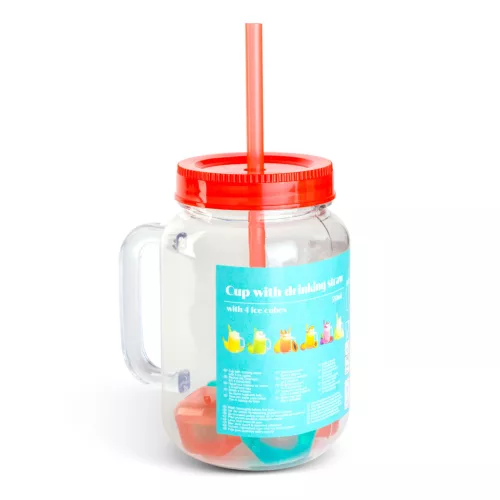 Szívószálas pohár - piros - 4 db hűthető jégkockával, 550ml,  17 x 7.5 x 13.5 cm