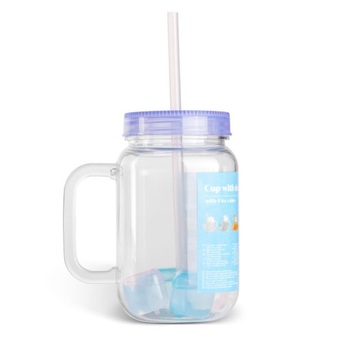 Szívószálas pohár - lila - 4 db hűthető jégkockával, 550ml,  17 x 7.5 x 13.5 cm