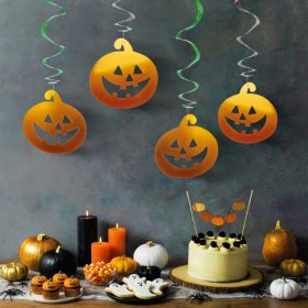   Halloween-i dekoráció szett - 12 db tök - csillogó spirál akasztó