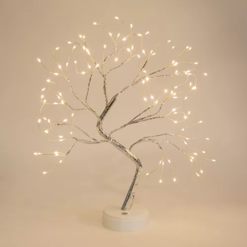 LED-es asztali fa dekoráció - melegfehér - érintőgombos, elemes, USB-s