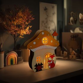   Világító dekoráció - gomba ház rókával - 15 x 16 x 5 cm - fából