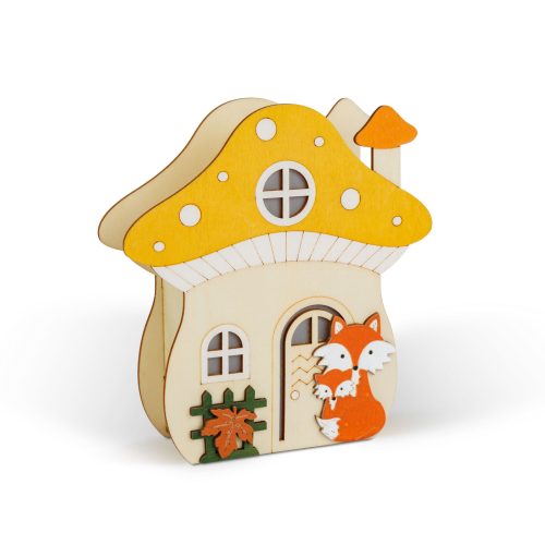 Világító dekoráció - gomba ház rókával - 15 x 16 x 5 cm - fából