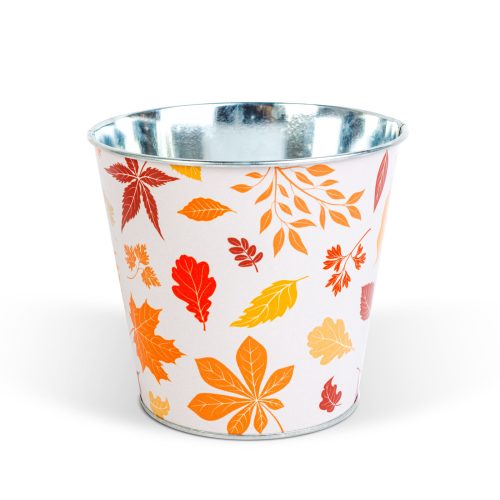 Őszi dekoráció - fém kaspó, vödör - leveles - 15 x 13,7 cm