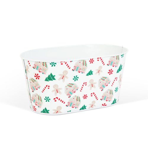 Karácsonyi fém kosár - házikó mintás - 19 x 11,5 x 9,5 cm