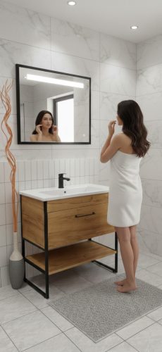 TMP IRON fürdőszobai tükör - FEKETE keret - szögletes - LED világítással - 75 x 68 cm