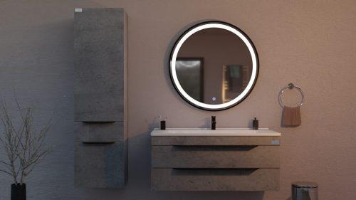 TMP IRON fürdőszoba tükör - FEKETE keret - kerek - LED világítással - érintésmentes kapcsoló - 90 cm