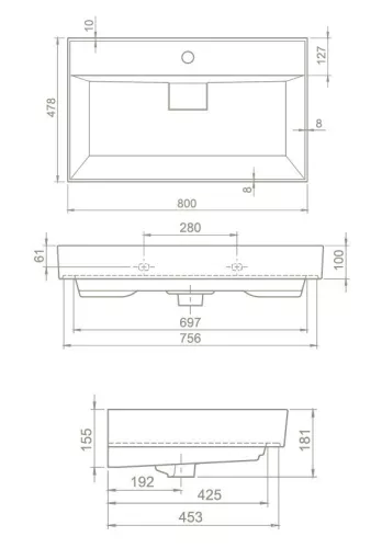 CeraStyle SHARP - porcelán mosdókagyló - 80 x 48 cm