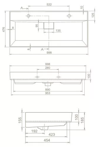 CeraStyle SHARP - porcelán mosdókagyló - DUPLA csaplyukas - 100 x 48 cm