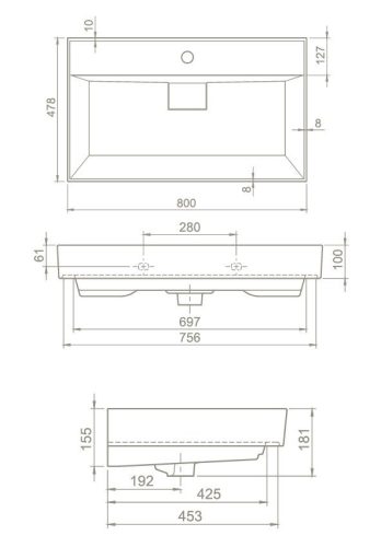 TMP TRIO 80 álló fürdőszobabútor - CeraStyle SHARP FEKETE mosdóval - 80 x 48 cm