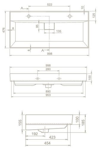 TMP SHARP 100D fali fürdőszobabútor - CeraStyle SHARP FEKETE DUPLA csaplyukas mosdóval - 100 x 48 cm