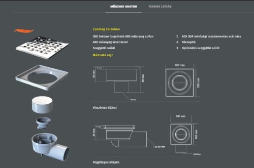 SAY Deniz 10 x 10 cm padlóösszefolyó, rozsdamentes ráccsal - oldalsó kifolyással Ø 50 mm