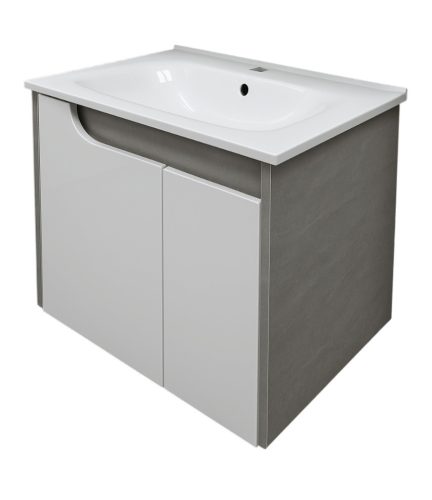 Piramida EURIDIKA fali fürdőszobabútor - műmárvány mosdóval -2 ajtós - FEHÉR-SZÜRKE - 65 x 48 x 62 cm