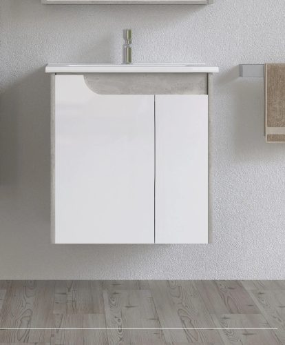 Piramida EURIDIKA fali fürdőszobabútor - műmárvány mosdóval -2 ajtós - FEHÉR-SZÜRKE - 65 x 48 x 62 cm