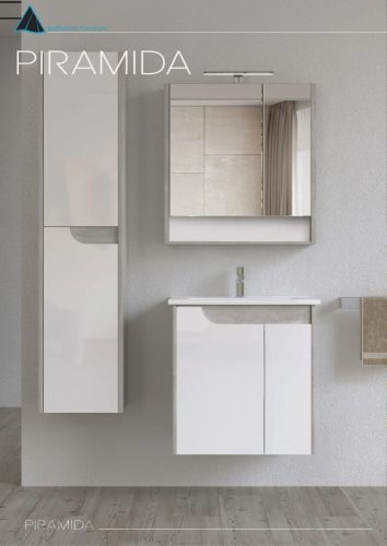 Piramida EURIDIKA fali fürdőszobabútor - műmárvány mosdóval -2 ajtós - FEHÉR-SZÜRKE - 65 x 48 x 62 cm