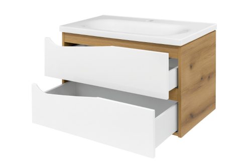 Piramida EURIDIKA fali fürdőszobabútor - műmárvány mosdóval -2 fiókos - ALPINFEHÉR-TÖLGY - 75 x 48 x 55 cm