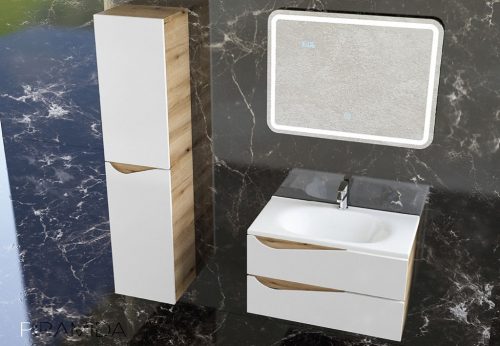 Piramida EURIDIKA fali fürdőszobabútor - műmárvány mosdóval -2 fiókos - ALPINFEHÉR-TÖLGY - 75 x 48 x 55 cm