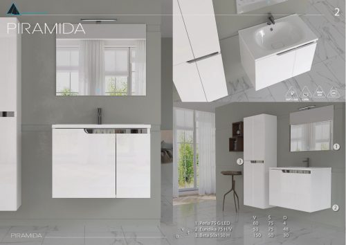 Piramida EURIDIKA fali fürdőszobabútor - műmárvány mosdóval -2 ajtós - 75 x 48 x 53 cm