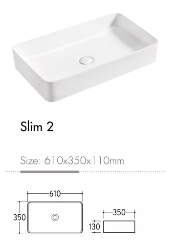 Eros SLIM 2 - PULTRA ültethető - Top Counter - porcelán mosdó - 61 x 35 x 11 cm