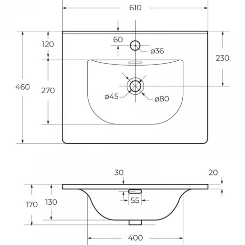 TMP MODENA 60 fali függesztett fürdőszobabútor - SKY E-8099-60 porcelán mosdóval - 61 x 46 cm