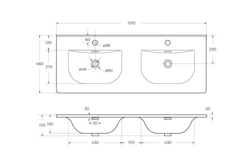 Eros SKY 1 - beépíthető mosdó DUPLA - 121 x 46 cm