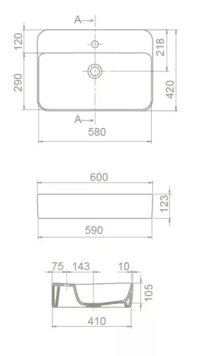 CeraStyle HERA - PULTRA ültethető - Top Counter - porcelán mosdó - 60 x 42 cm