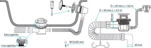TEXO kádszifon - KRÓM - Klikk - klakk leeresztővel - flexibilis csővel - Ø 5/4" x 0,5 m x Ø 40 mm