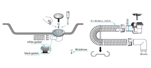 TEXO Exclusive zuhanytálca szifon Ø 60 mm rozsdamentes takaróval - Ø 5/4" x 0,4 m x Ø 40 mm