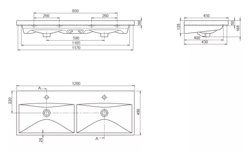 CeraStyle ELITE - DUPLA porcelán mosdókagyló - 120 x 45 cm