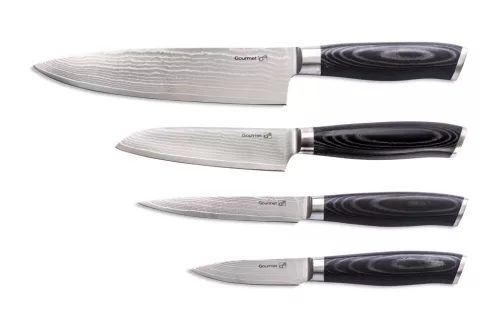 G21 Gourmet Damascus késkészlet bambusz blokkban 4 db + köszörűkő