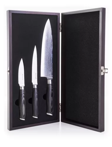 G21 Gourmet Damascus késkészlet bambusz blokkban 4 db + köszörűkő