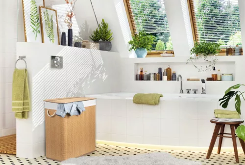 G21 bambusz szennyeskosár,105 l kapacitású, fehér betéttel, elválasztó elemekkel