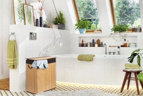 G21 bambusz szennyeskosár,105 l kapacitású, barna betéttel, elválasztó elemekkel