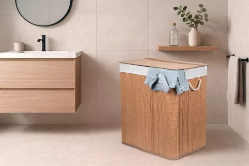 G21 bambusz szennyeskosár,150 l kapacitású, fehér betéttel, elválasztó elemekkel