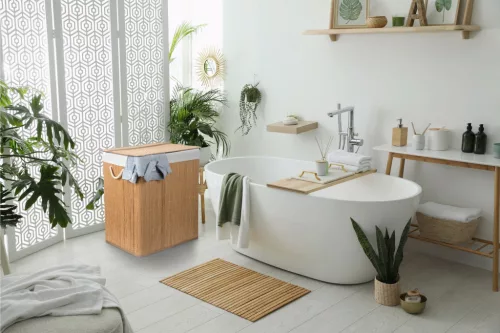 G21 bambusz szennyeskosár,150 l kapacitású, fehér betéttel, elválasztó elemekkel