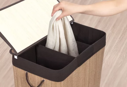 G21 bambusz szennyeskosár,150 l kapacitású, barna betéttel, elválasztó elemekkel