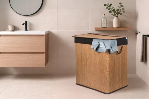 G21 bambusz szennyeskosár,150 l kapacitású, barna betéttel, elválasztó elemekkel