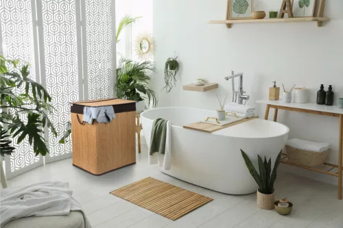 G21 bambusz szennyeskosár,150 l kapacitású, barna betéttel, elválasztó elemekkel