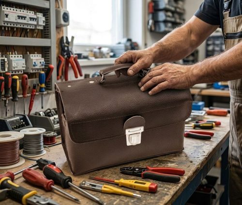 Bőr villanyszerelő szerszámostáska, 31x22x15 cm