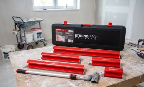 Sada hladítok Strend Pro Premium Ergonomic, na stierky a sadrové omietky, 250-1000 mm, 0,8-1,4 m teleskopická tyč, držiak, v kufri