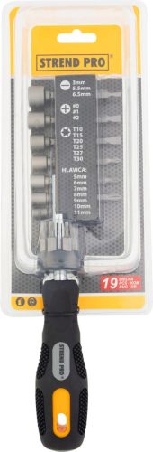 Bit és fej készlet Strend Pro SD0539, 19 részes, racsnis csavarhúzóval