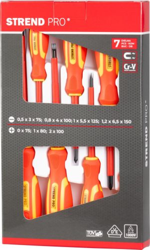Csavarhúzó készlet Strend Pro YF20719, VDE 7 részes, lapos+ Phillips, villanyszerelő, 1000 V