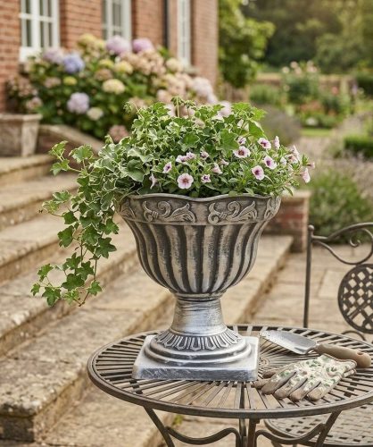 Virágcserép Strend Pro Antik, alátéttel, 30x30 cm, ezüst, fémes hatás