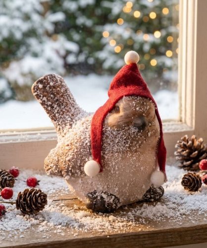 MagicHome karácsonyi dekoráció, Madár sapkával, terrakotta, 8,8 x 6 x 9 cm