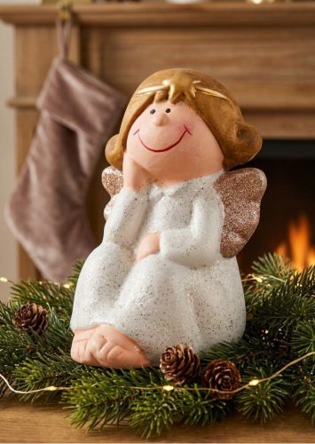 MagicHome karácsonyi szobor, Ülő angyal, poligyanta, 6,7 x 6,2 x 11 cm